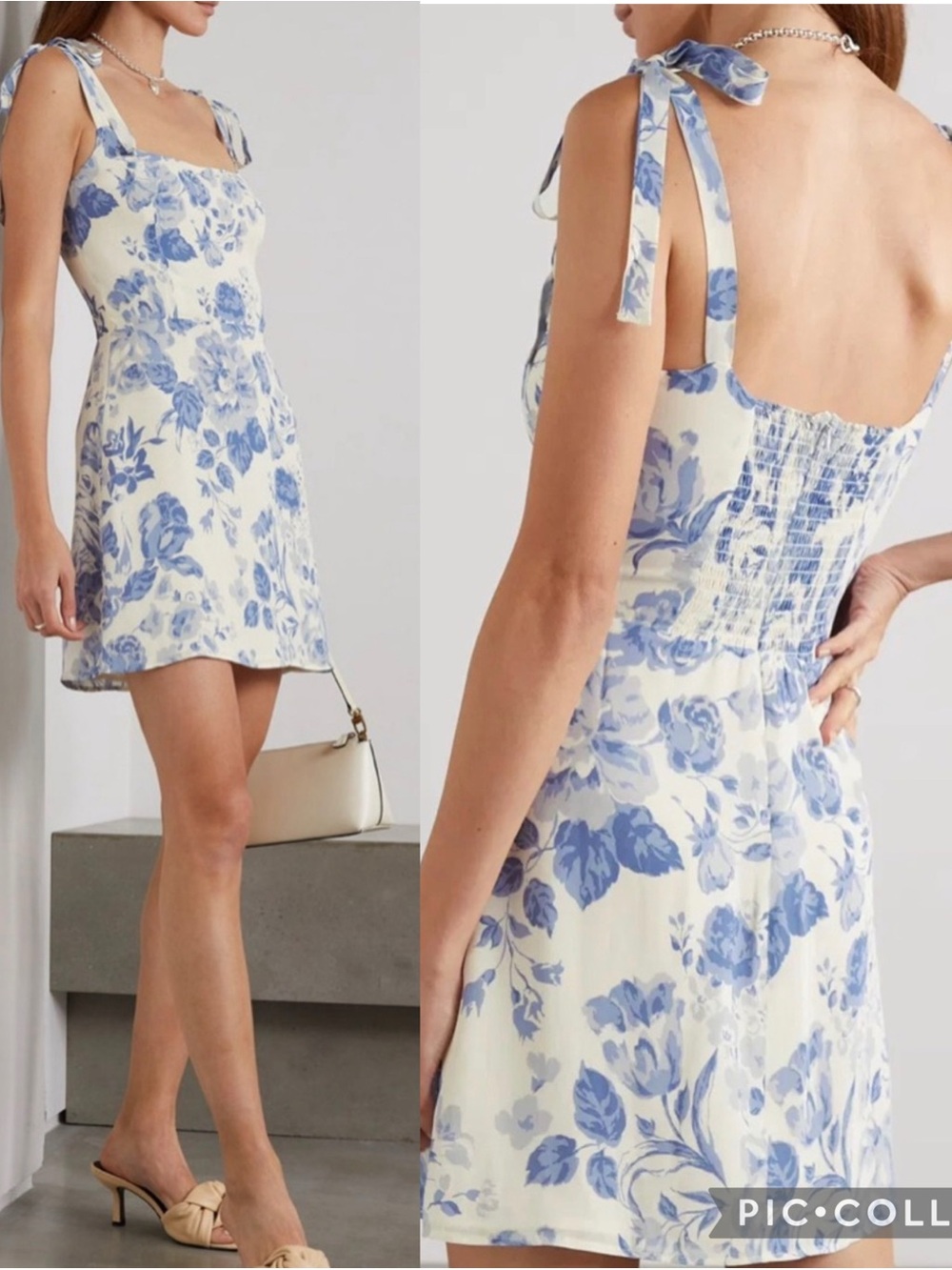 Reformation Annabell Mini Blue and Cream Floral Tie-Shoulder Dress size 6
